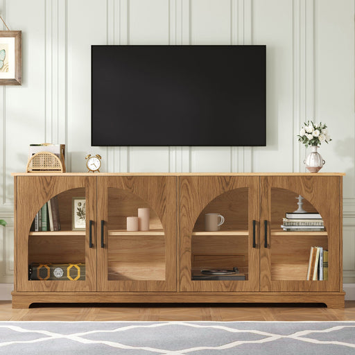 TV Stand With Semi Arched Glass Doors, Media Console With Adjustable Shelves For Living Room - Brown Hearth and Haven