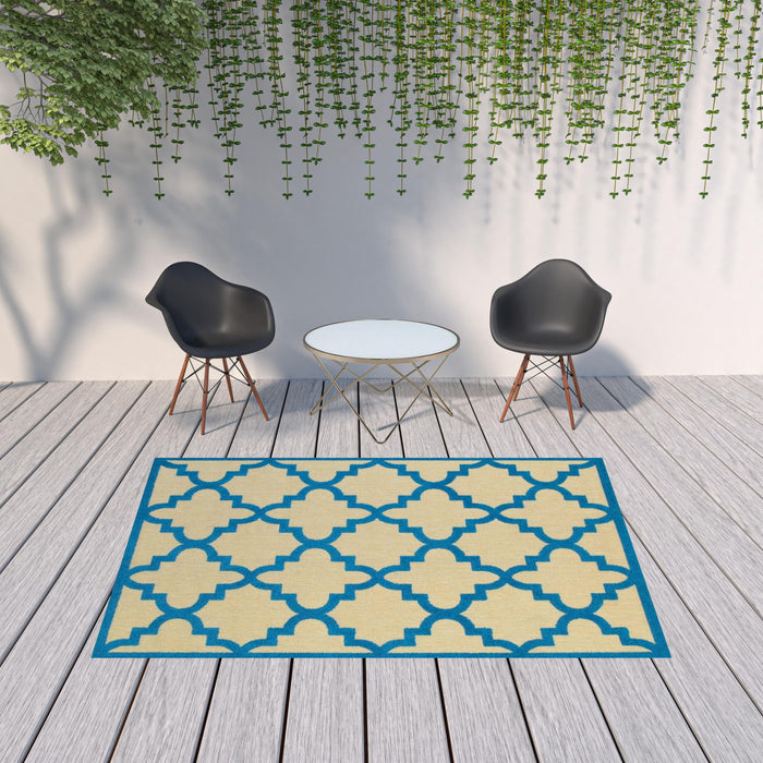 7' X 10' Geometric Stain Resistant Outdoor / Indoor Area Rug - Blue / Beige