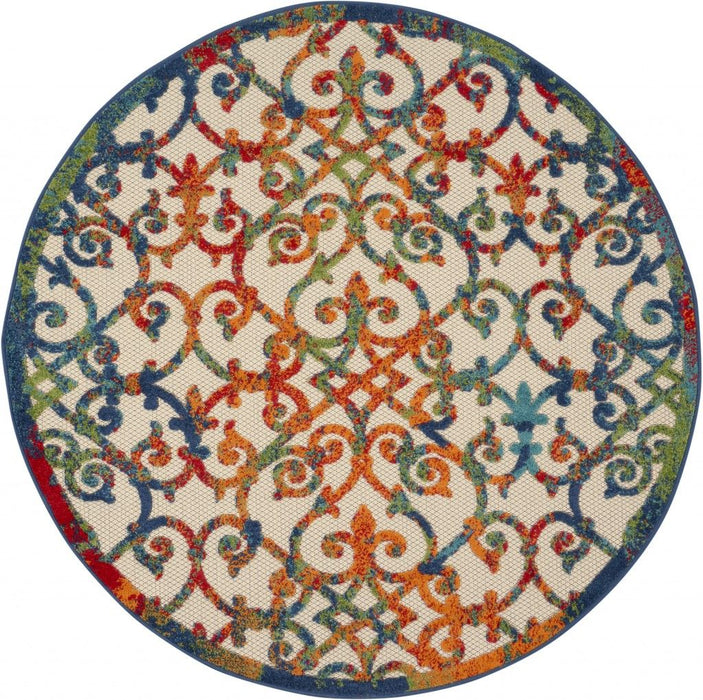 4' Round Round Floral Area Rug Indoor & Outdoor - Blue / Ivory