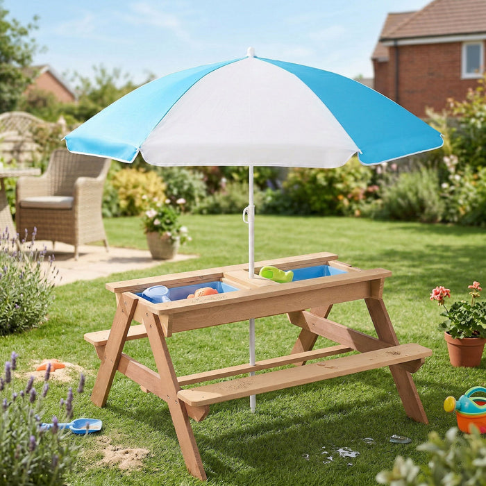 3-In-1 Kids Outdoor Wooden Picnic Table With Umbrella, Convertible Sand & Water, ASTM & CPSIA Certification