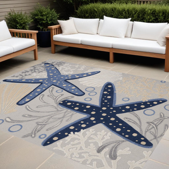 10' X 13' Starfish Indoor / Outdoor Area Rug - Blue / Gray