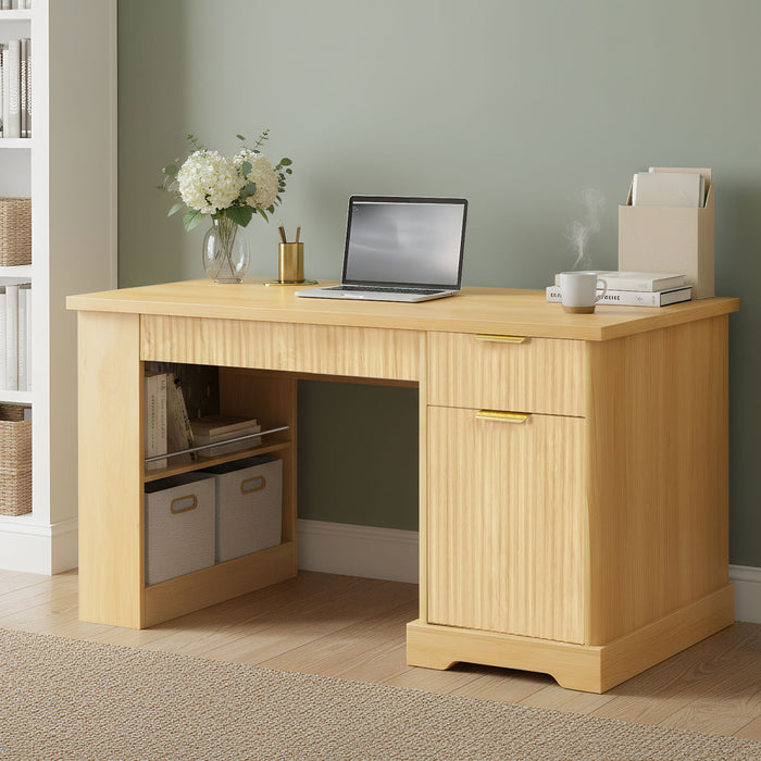 Modern Fluted Office Desk With Storage Cabinet Home Essentials