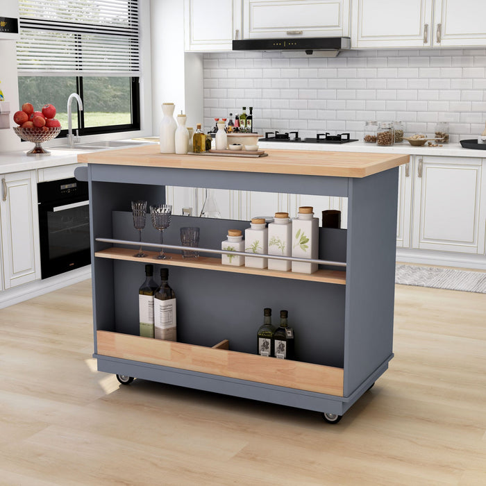 Rolling Kitchen Island With Storage, Two Sided Kitchen Island Cart On Wheels With Wood Top, Wine And Spice Rack, Large Kitchen Cart With 2 Drawers, 3 Open Compartments, Grey Blue