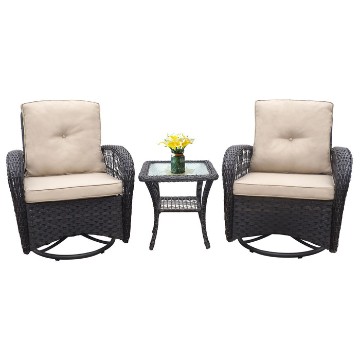 3 Pieces Conversation Set, Outdoor Wicker Rocker Swivel Patio Bistro Set, Rocking Chair With Glass Top Side Table