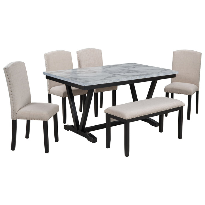 6 Piece Dining Table Modern Style With 4 Chairs & 1 Bench, Table With Marbled Veneers Tabletop And V-Shaped Table Legs - White Hearth and Haven