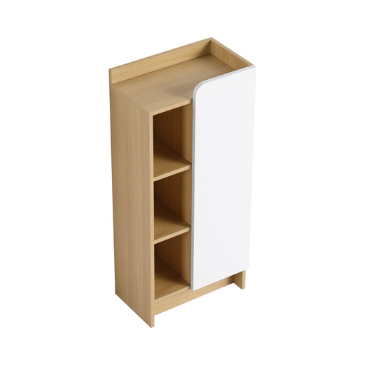 Freestanding Bathroom Side Cabinet, Narrow Storage Cabinet With Single Door & 3 Tier Open Shelves - Black / Light Oak / White Home Essentials