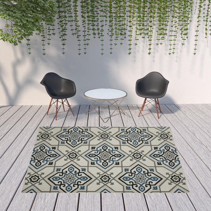 8' X 10' Oriental Stain Resistant Outdoor / Indoor Area Rug - Blue / Beige