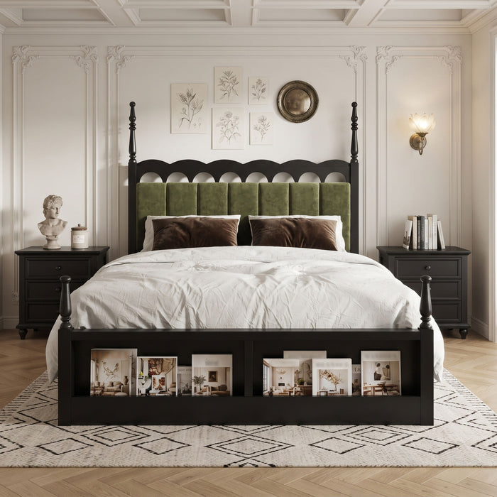 Platform Bed Frame With Tufted Upholstered Scallop Headboard Noble House