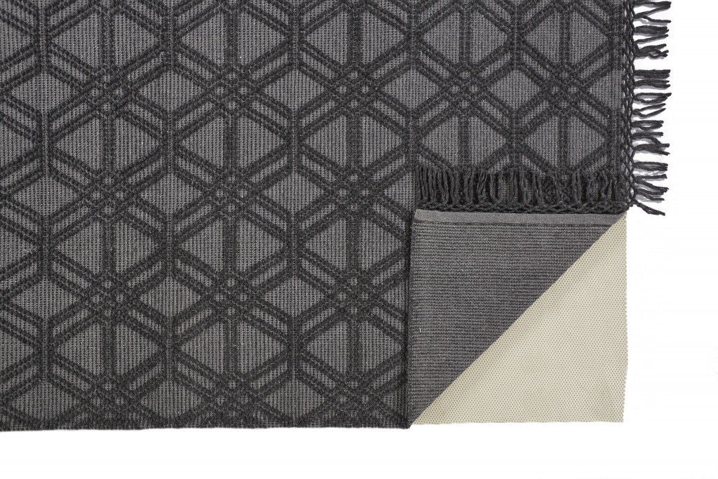Geometric Hand Woven Area Rug With Fringe - Black And Gray Wool - 4' X 6'