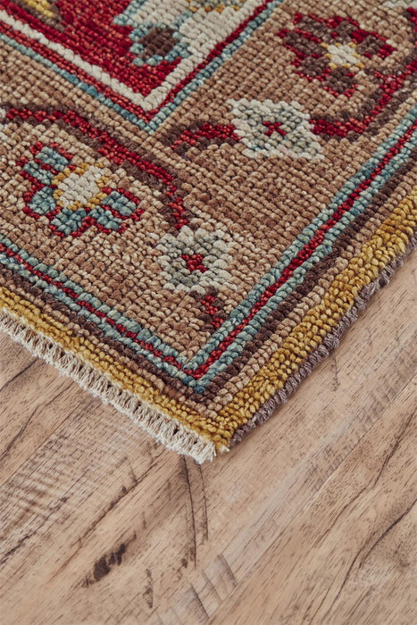 Floral Hand Knotted Distressed Stain Resistant Area Rug With Fringe - Red Blue And Brown Wool - 5' X 8'