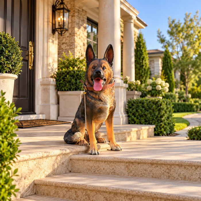 German Shepherd Dog Statue, Sitting Guard Sculpture - Black Brown Daily Nest