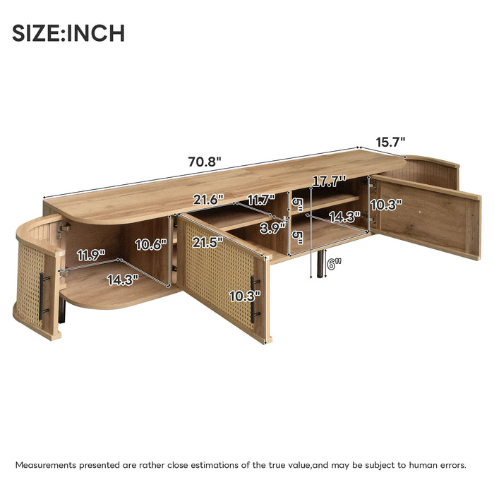 70" TV Stand With Doors, Construction For TVs Up To 80" - Natural Wood Hearth and Haven