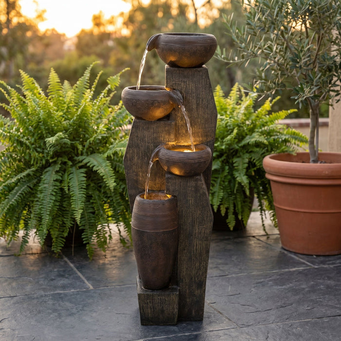 Outdoor Water Fountain, 4 Tier Cascading Bowl With Warm LED Lights For Patio - Brown / Tan Daily Nest