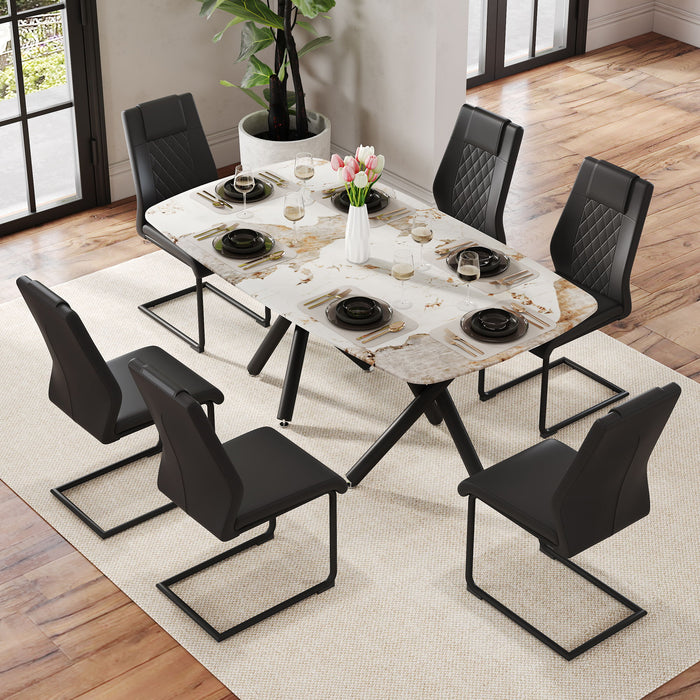 1 Table And 6 Chairs Set, Rectangular Dining Table With Imitation Marble Tabletop And Black Metal Legs, Paired With 6 Chairs With PU Leather Seat Cushion And Black Metal Legs - Glass / Metal