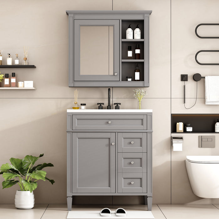30'' Bathroom Vanity With Top Sink, Modern Bathroom Storage Cabinet With 2 Drawers And Tip - Out Drawer, Freestanding Vanity Set With Mirror Cabinet, Single Sink Bathroom Vanity - Gray