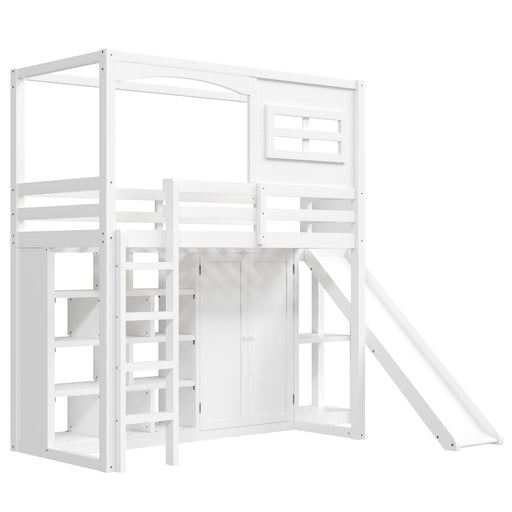 Twin Size Loft Bed With Wardrobe, Storage Shelves, Slide And LED - White Hearth and Haven