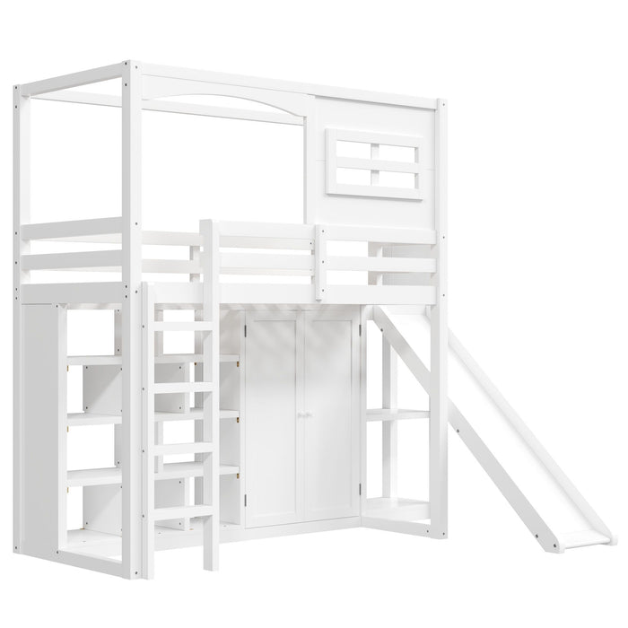 Twin Size Loft Bed With Wardrobe, Storage Shelves, Slide And LED - White Hearth and Haven