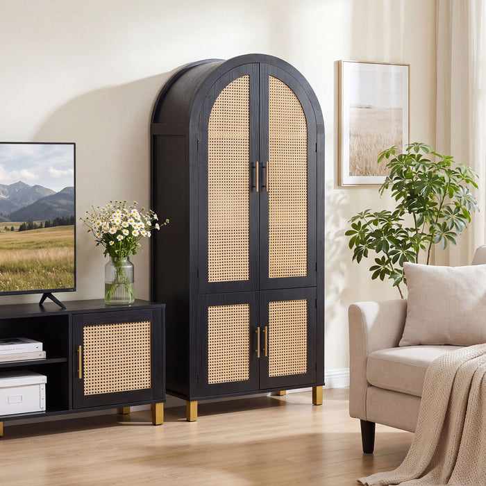 Tall Arched Cabinet With Rattan Doors & Adjustable Shelves Home Essentials