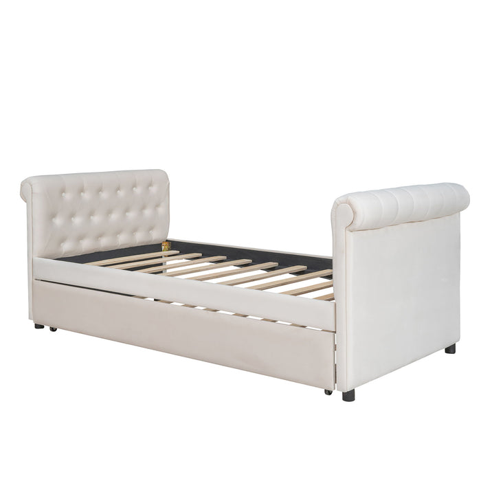 Upholstered Daybed With Trundle, Wood Slat Support