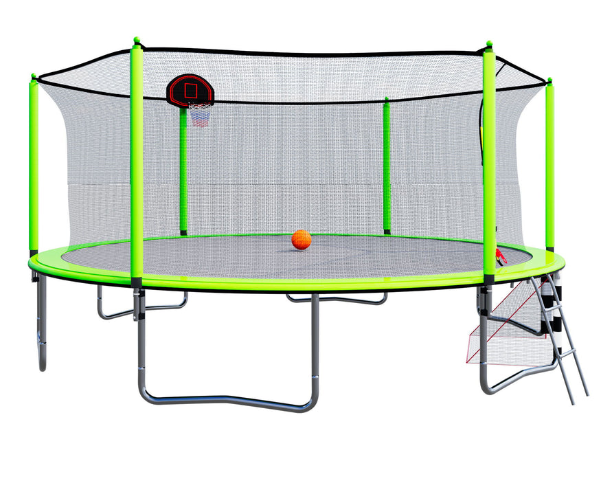 16 Ft Trampoline With Basketball Hoop Pump And Ladder (Inner Safety Enclosure) With So CCer Goal Green