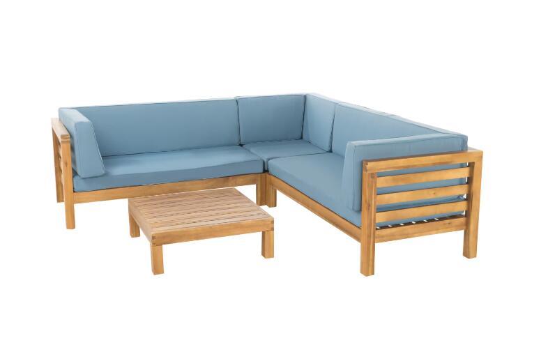 Oana Outdoor Wooden Sectional Set With Cushions, Blue