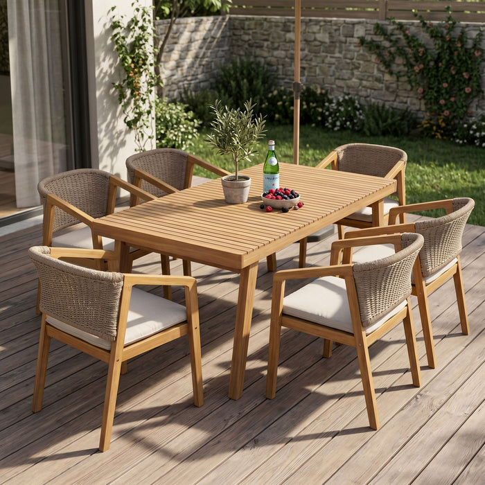 7 Piece Outdoor Dining Set With Rectangular Table And 6 Arm Chairs - Beige / Brown / Brown Mix / Light Teak Noble House
