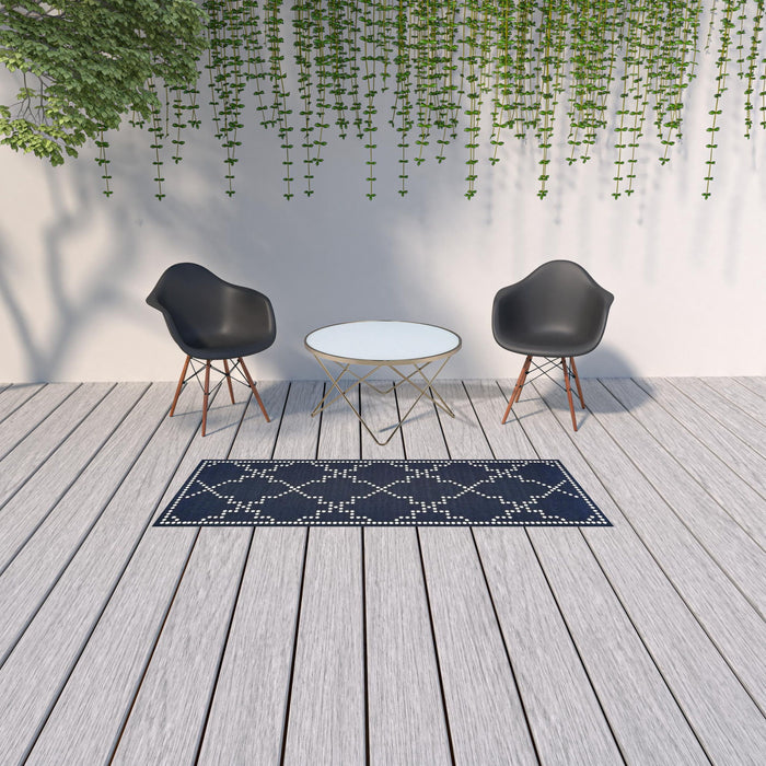 2' X 8' Geometric Stain Resistant Indoor / Outdoor Area Rug - Blue / Ivory