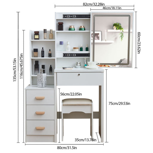 Vanity Set With LED Mirror, Storage Dressing Table & Cushioned Stool - Cream White Home Essentials