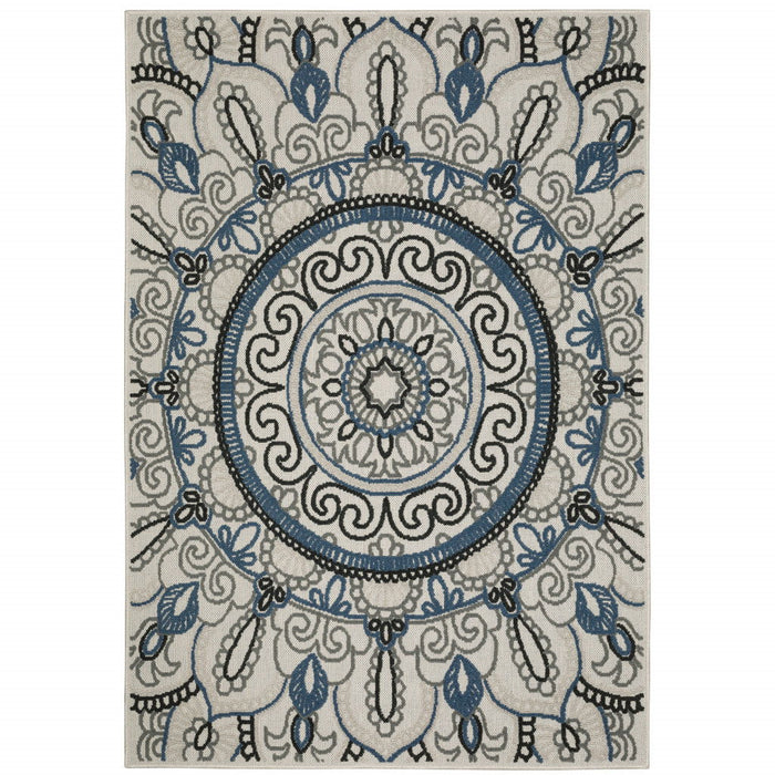 5' X 7' Geometric Stain Resistant Outdoor / Indoor Area Rug - Blue / Beige