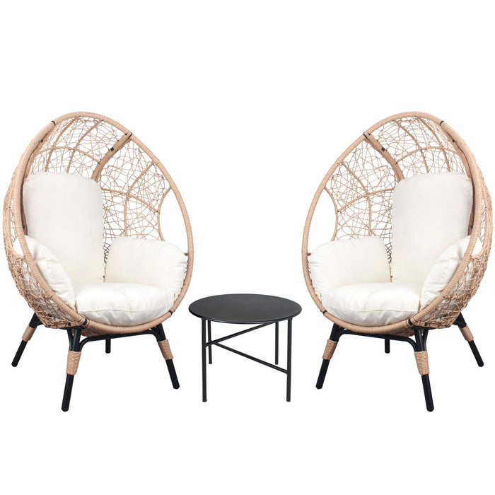 3 Pieces Patio Egg Chairs (Model 3) With Side Table Set, Natural Color PE Rattan And Beige Cushion