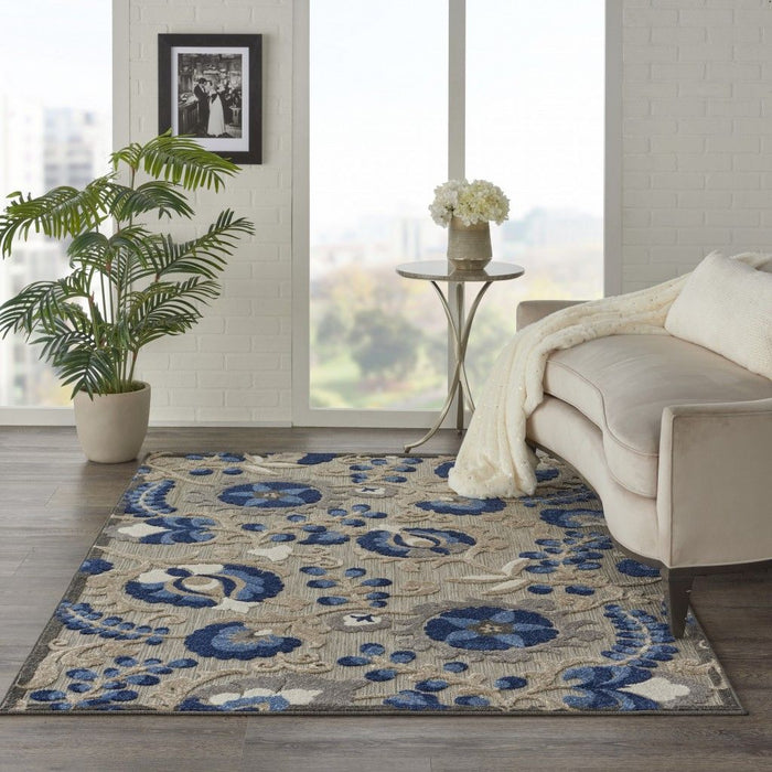 4' X 6' Floral Area Rug Indoor & Outdoor - Gray / Blue