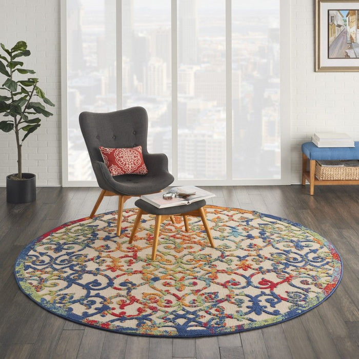 8' Round Round Floral Outdoor & Indoor Area Rug - Ivory / Blue