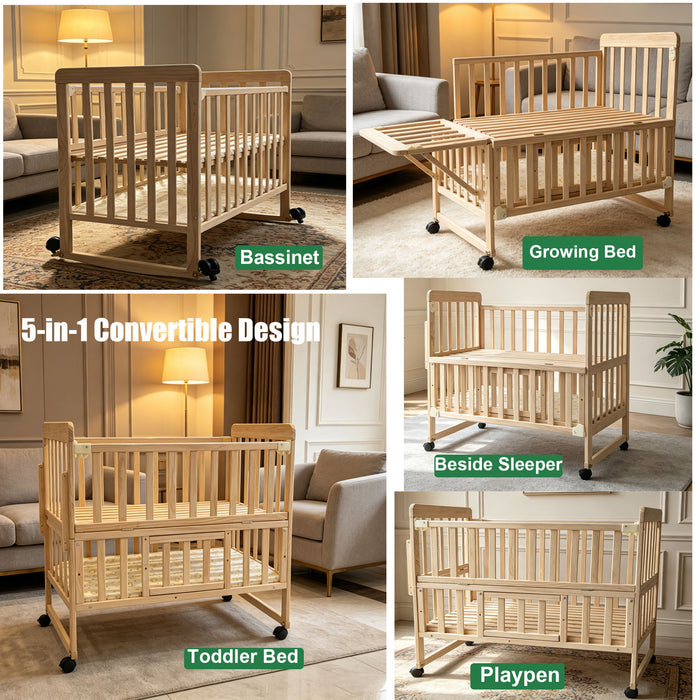 Portable Mini Baby Crib 5 In 1 Convertible With Foldable Storage - Natural Wood Home Essentials