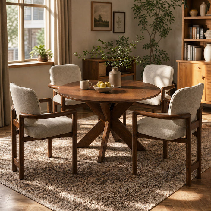 5 Piece Indoor Dining Set, Round Table & 4 Brown Arm Chairs - Beige / Brown / Cherry Noble House