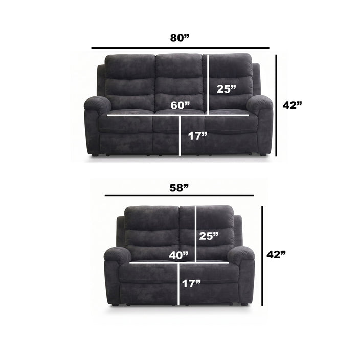 2 Piece Reclining Sofa Set, 3 Seat Sofa & 2 Seat Loveseat, 150° Recline - Dark Gray Home Essentials