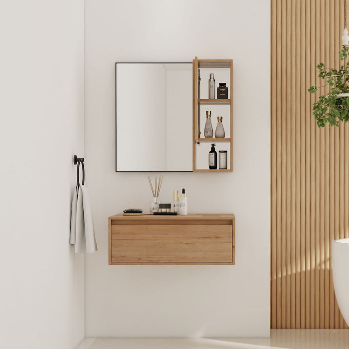 30" Wall Mounted Dressing Table With Mirror, Frame Storage Cabinet, Soft Close Door - Imitative Oak Home Essentials