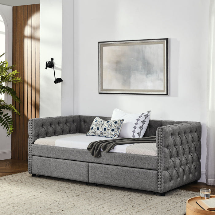 Upholstered Twin Size Daybed With Two Drawers, With Button And Copper Nail On Square Arms, Gray