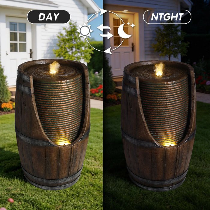 Rustic Barrel Water Fountain With LED Light Daily Nest