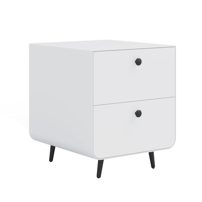 Modern Night Stand Storage Cabinet For Living Room Bedroom, Steel Cabinet With 2 Drawers, Bedside Furniture, Circular Handle - White