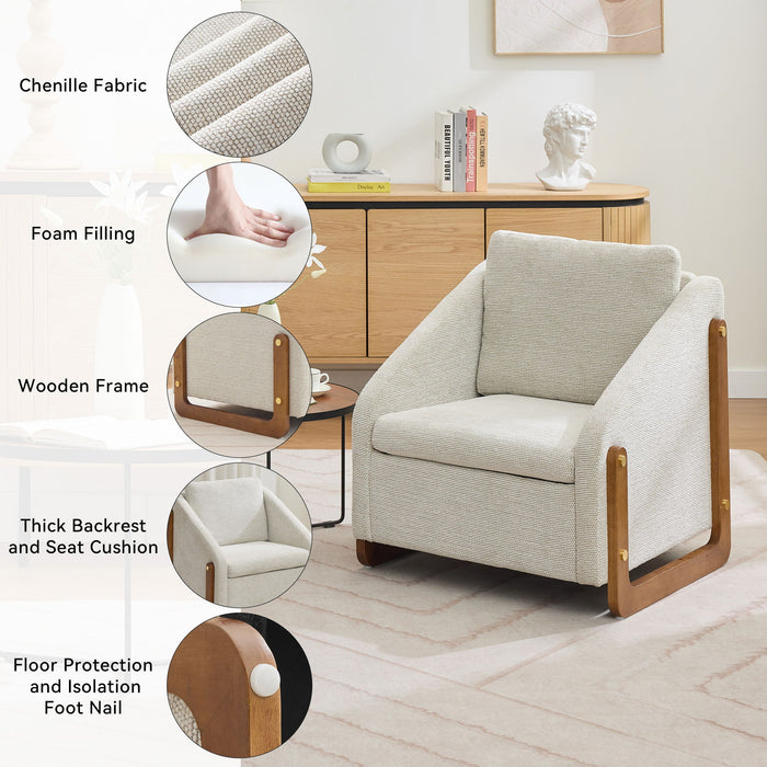 Modern Chenille Upholstered Armchair With Wooden Side Frame