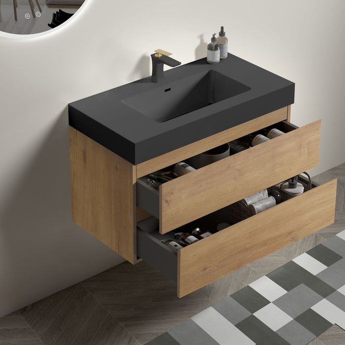 Alice - Natural Oak Bathroom Vanity With Sink, Large Storage Wall Mounted Floating Bathroom Vanity For Modern Bathroom, One-Piece Sink Basin Without Drain Home Essentials
