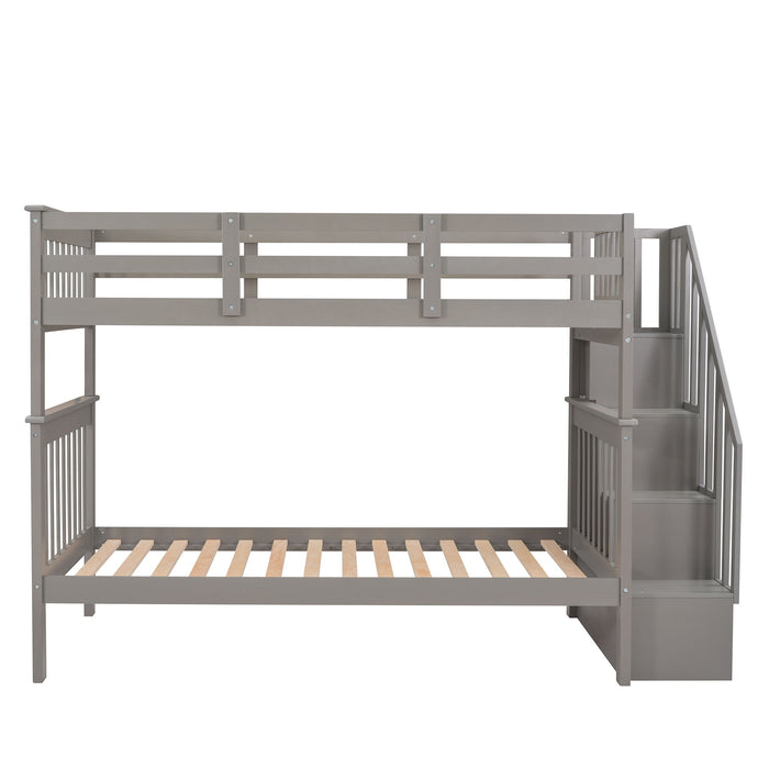 Stairway Bunk Bed With Storage And Guard Rail For Bedroom, Dorm