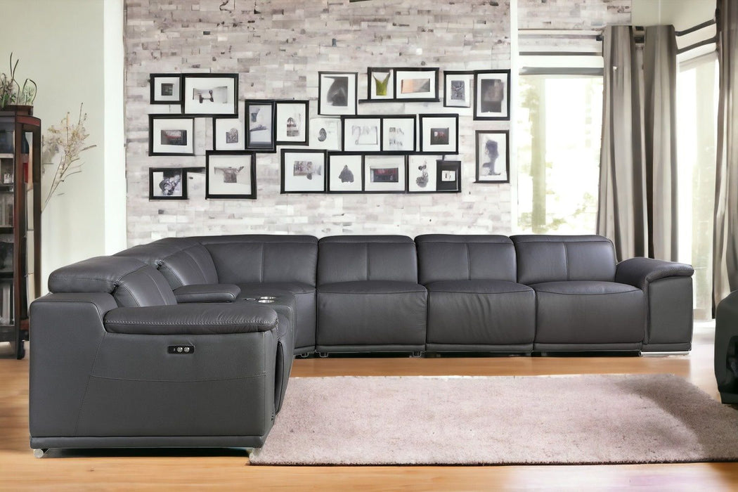 Italian Leather U Shaped Power Reclining Seven Piece Corner Sectional With Console - Gray