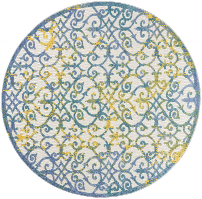 8' X 8' Round Damask Non Skid Indoor / Outdoor Area Rug - Ivory / Blue