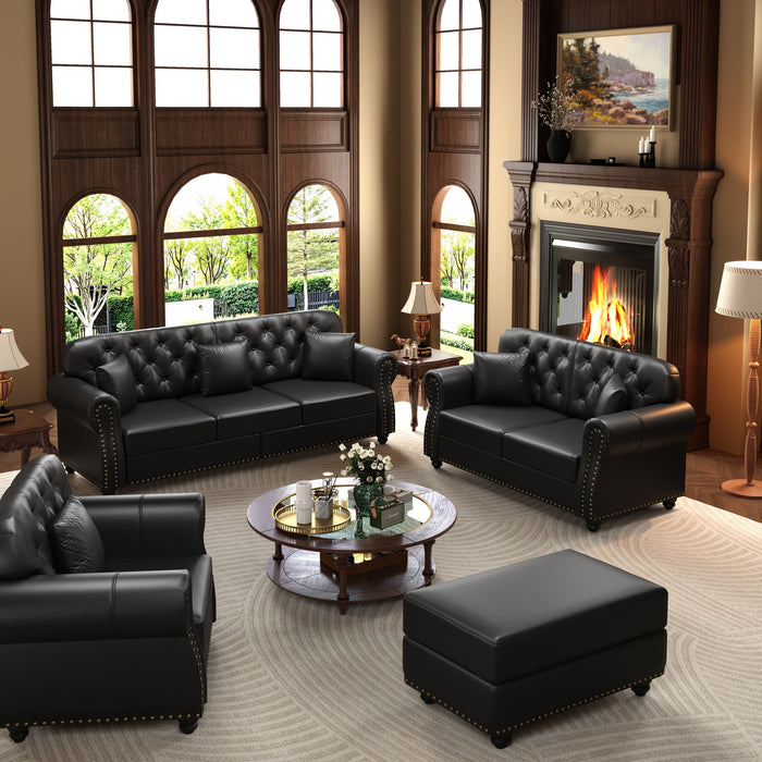 Upholstered Sofa With Nailhead Trim, Rolled Armrests With Ottoman Home Essentials