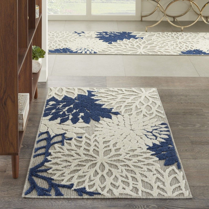 3' X 4' Floral Indoor & Outdoor Area Rug - Blue / Ivory