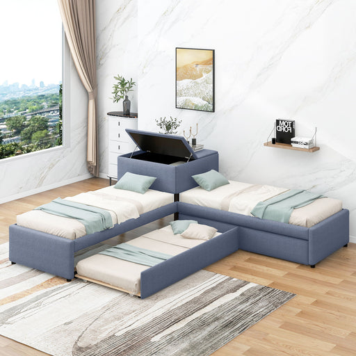 L Shaped Upholstered Platform Bed With Trundle And 2 Drawers Linked With Built In Desk Hearth and Haven