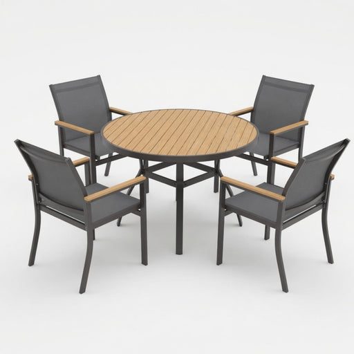 Gray Aluminum Patio Dining Set With Textilene Chairs, 5 Piece All Weather Round Table And 4 Seater For Garden, Deck, Or Porch Home Essentials