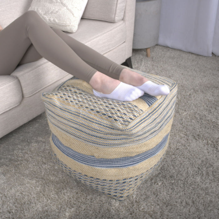 Western - Handcrafted Fabric Pouf, Durable - Natural / Blue