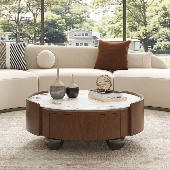 Round Coffee Table With Ball Feet, Dual Storage Drawers For Living Room - Walnut Brown Home Essentials